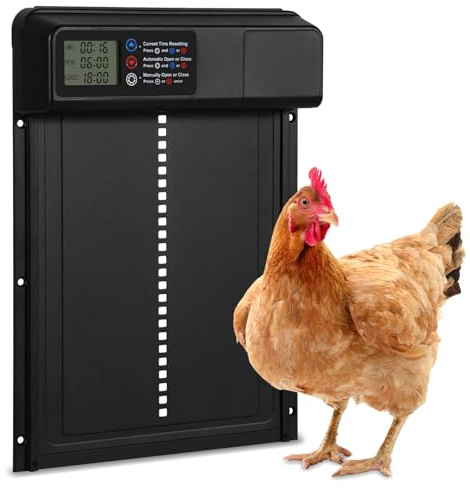 Ikodm Alu Automatisch Hühnerklappe Batterie, Elektrische Hühnertür, Hühnerstalltür mit Zeit/Handmodus, Türöffner für Hühnerstall mit LED Display, IP4X Wasserdicht, Anti-Pinch