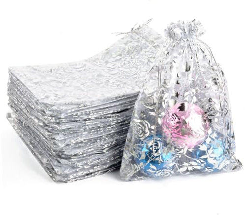 CLTPY 100 PCS Organzasäckchen 15x20cm Silber Rose Muster Organzabeutel Schmuckbeutel Geschenksäckchen Kordelzug Duftsäckchen Organza Säckchen für Hochzeit Weihnachten Gastgeschenke Süßigkeiten