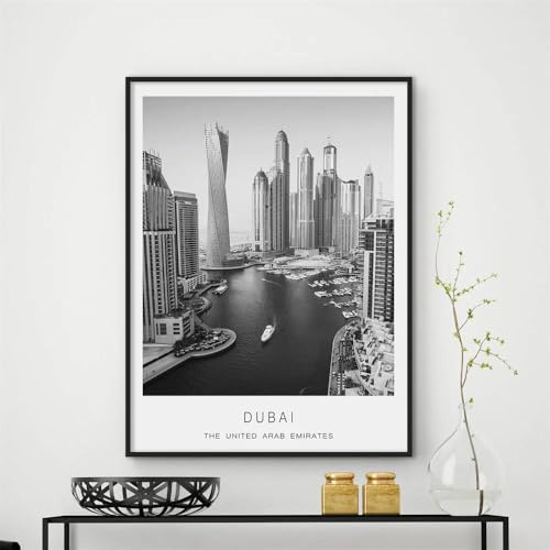 Dubai Reise Poster Schwarz Und Weiß Foto Stadt Wand Kunst Leinwand Malerei Drucke Vereinigte Arabische Emirate Minimalistischen Büro Wand Dekor 50X70Cm Kein Rahmen