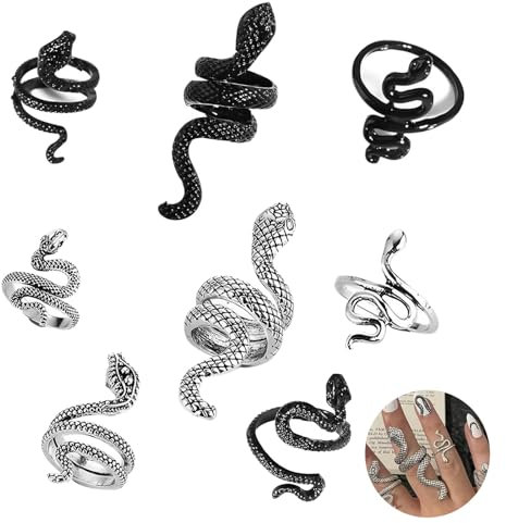 8 PCS Schlangen Ring,Vintage Schlangen Accessoires, Schlangenring Punk Gothic Stil, Punk Schlange Ring Set, Vintage Schlange Offene Ringe, Einzigartiges Accessoire,Verstellbare Größe( Silber+schwarz)
