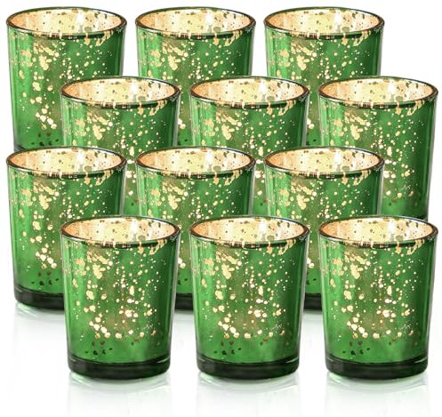 Green Votive Candle Holders - Mercury Glass Tealight Candle Holder Set of 12, Perfect for Christmas, Party, Home