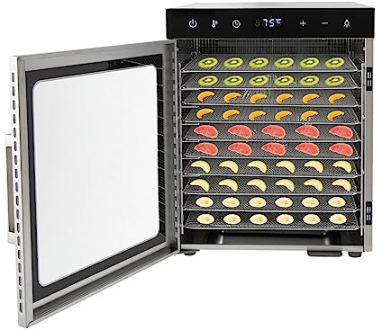 Dörrautomat Edelstahl Trockenfruchtmaschine mit 10 Etagen und doppelter Berührungssteuerung Dörrautomat LED-Display 24 Std. Zeitschaltuhr 800W Temperaturregler von 30-90℃ Früchte Gemüs Trockner Food