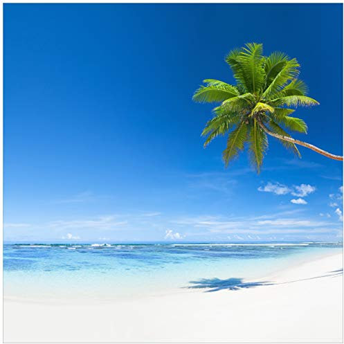 Wallario Glasbild Weißer Sandstrand am Meer - EIN Traum unter Palmen - 55 x 55 cm Wandbilder Glas in Premium-Qualität: Brillante Farben, freischwebende Optik