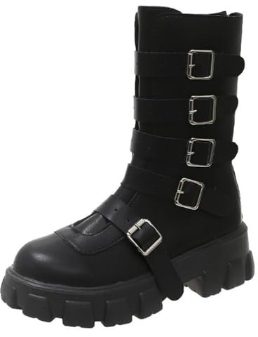 Stivali alti al polpaccio larghi per donna taglie forti traspiranti moda testa rotonda tacco grosso scarpe da donna stivali da equitazione larghi polpaccio, Nero , 41 EU