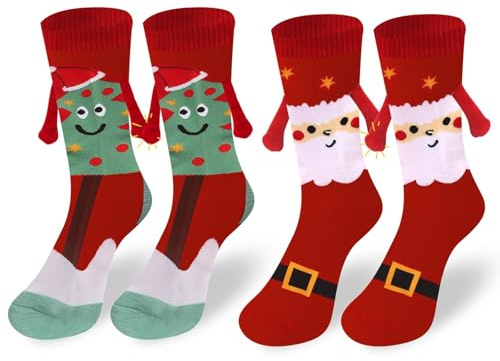 Yamobi 2 Paar Lustige Weihnachts-Socken mit Magnetischen Händen, die Händchen halten, magnetische Weihnachtssocken zum Händehalten, süße socken