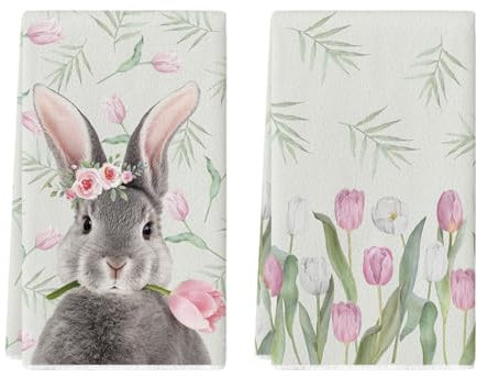Artoid Mode Tulpen Blätter Kaninchen Ostern Küchentücher Geschirrtücher, 42x65 cm Easter Frühling Dekoration Polyester Handtücher 2er Set