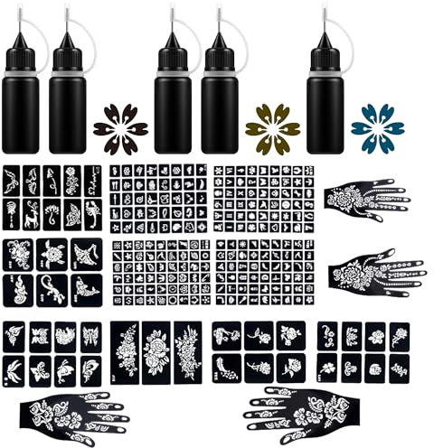 Henna Tattoo Kits 5 Inks 14 Blatt Henna Schablonen Glitter, Natural Henna Paste Kegel, Henna Braun Sommersprossen für Frauen Mädchen Hände Finger Körperbemalung Hochzeit(C)