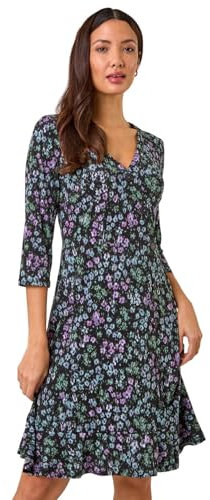 Roman Originals Tea Dress for Women UK Ladies Frill Hem Skater Wrap Jersey Stretchy Fit & Flare Flattering Knee Length Cocktail Party Occasion Holiday Going Out - Noir Pink - Size 18