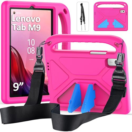 DUZZONA Funda para Lenovo Tab M9 2023 de 9 Pulgadas (TB-310FU), Estuche Niño Antigolpes con Asa, Correa de Hombr, Funda Infantil, Rosa