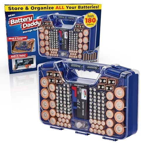 Ontel Battery Daddy Storage & Organizer Case with Tester, Stores & Protects Up to 180 Batteries, Double-Sided, Durable Design with Clear Locking Lid, Secure Latches & Portable Carrying Handle - Blue