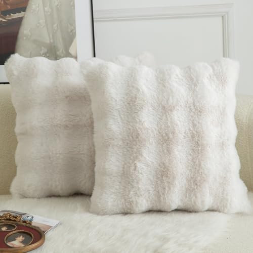 Mandioo Pack of 2 Cushion Covers 40cm x 40cm Decorative Thick Plush Wool Throw Pillow Covers cases for Sofa Bedroom Living Home 16 x 16 Inch Cream White