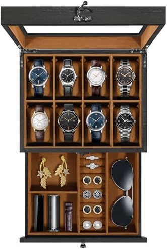 Uten Scatola Porta Orologi a 8 Scomparti, 2 Livelli Porta Orologi Legno, Coperchio in Vetro, Cuscino di Seta, Fodera Marrone, Idea Regalo, Catola Portagioielli per Orologi Uomo e Donna