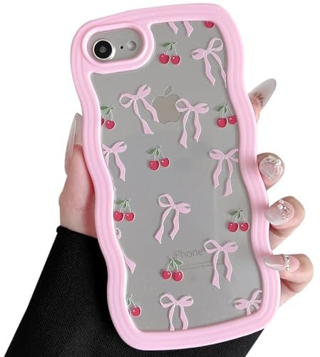 ZTOFERA Wavy Case for iPhone 7/8/SE 2020/SE 2022, Cute Clear Protective Case with Cherry Ribbon Pattern, Hard PC Colored Wave Frame Soft Silicone Bumper Shockproof Cover for Girls Women, Pink