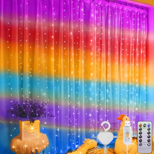 Bunter Lichtervorhang 3x3m, 300 LED Regenbogen Lichterkettenvorhang, USB mit Fernbedienung 8 Modi Timer Haken,Vorhanglichter für Fenster Party Wand Schlafzimmer Kinderzimmer Deko Innen & Außen