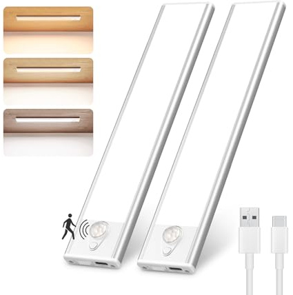 Liyade LED-Schrankbeleuchtung mit Bewegungsmelder, 2 Stück | USB- oder Batteriebetrieb, wiederaufladbar, für Küche, Kleiderschrank, Treppe und Wohnmobil