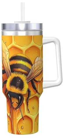 ZSUUGJ Honeycomb - Vaso aislado de 40 onzas con asa y tapa con pajilla, taza de viaje, taza de café, botella de agua reutilizable, ideal para coche, trabajo, regalo