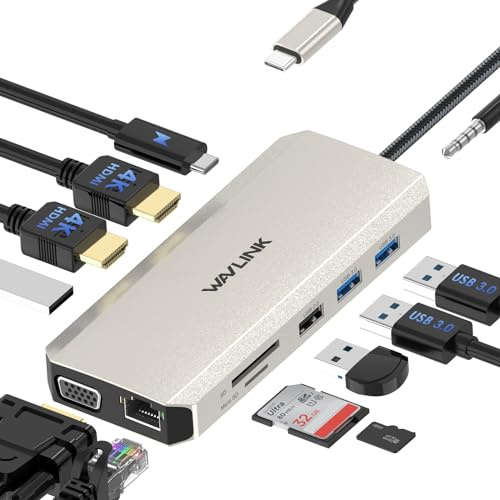 12-in-1 USB-C Dockingstation, WAVLINK Triple Display Typ-C-Adapter mit 2X 4K HDMI- und 1x 2K VGA-Anschluss, 85-W-Laptop-Aufladung, Ethernet, MicroSD und SD-Kartenleser