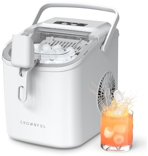 CROWNFUL - Máquina de hielo portátil con asa, pala y cesta, 9 cubitos de hielo en 6 minutos, 12 kg/24h, ideal para hogar, cocina, oficina, bar, fiesta (Blanco)