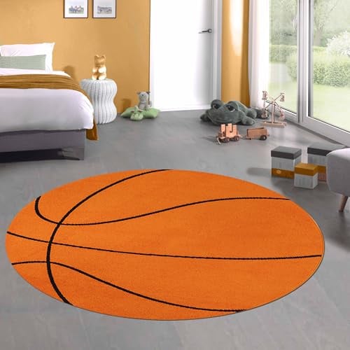 CARPETIA Kinderteppich Rund Basketball Orange Schwarz Ø 140 cm | Weich, pflegeleicht, strapazierfähig, farbecht und schadstofffrei, für Fußbodenheizung, Kinder- & Jugendzimmer