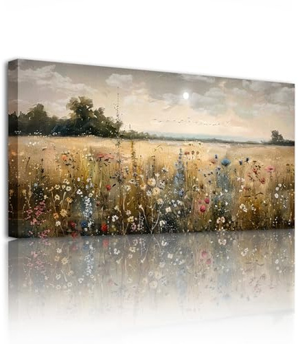 SERIMINO Vintage Wandbild Wildblume Leinwand Bilder Wohnzimmer 73x146 cm | Ländliche Wiesenlandschaft, Hd-Druck, Massivholzrahmen, Viele Größen, Einfache Montage, Vielseitig Einsetzbar, Geschenk