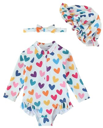 DivingBirds Bañador para bebés y niñas, traje de baño para niñas con gorro, manga larga, cierre de presión y cremallera, Heart, 18-24 Months