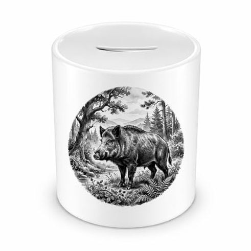 Samunshi® Spardose mit dem Motiv Wildschwein in der Wildnis - Spardose für Wildschwein Fans Sparschwein mit Tier Motiv Sparbüchse Cash Money Geld weiß 330ml