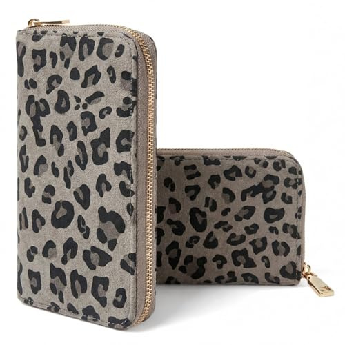 MillyMilk® Savana Large – Großer Leo Portemonnaie & Geldbeutel für Damen – Geräumige Geldbörse im Leopard Design in Wildlederoptik Animal Print – Stilvolle Clutch Wallet (Leo GRAU)