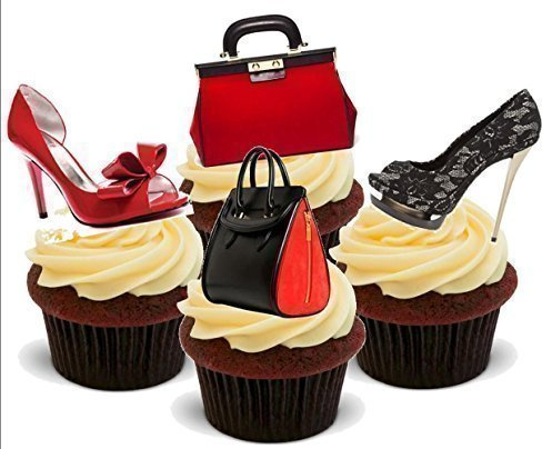 NOVELTY RED BLACK SHOE HANDBAG MIX - Standups 12 Edible Standup Premium Wafer Cake Toppers - 2 x A5 sheet - 12 images