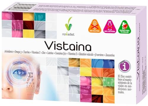 Novadiet - VISTAINA Cápsulas con Arándanos, Omega 3, Taurina, Vitamina C, Zinc, Luteína, Coenzima Q10, Vitamina E - Ayuda al Mantenimiento de la Visión y Protección Celular - 30 Cápsulas Vegetales