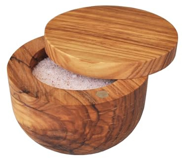Naturally Med Olive Wood Salt Keeper/Pot/Salt Box with Magnetic Pivoting Lid