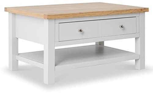 RoselandFurniture Farrow Grey Large Coffee Table for Living Room with Storage Drawer, Shelves & Oak Top | Contemporary Painted Solid Wooden Rectangular Unit | H:45 W:85 D:55 cm