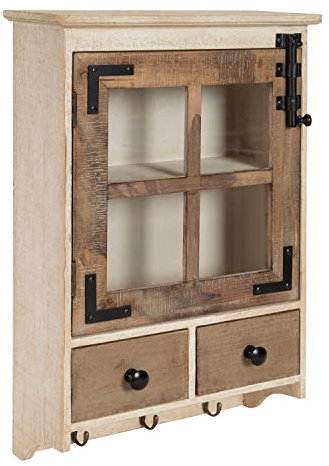 Kate and Laurel Hutchins - Armadio decorativo da parete in legno con porta in vetro e 2 cassetti, in stile rustico e bianco