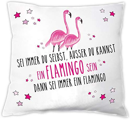 4you Design Deko-Kissen - 40x40cm Zierkissen mit lustigem Spruch- weiß & pink – Geschenkidee für Frauen (Sei Immer du selbst ausser du Kannst EIN Fllamingo Sein dann sei EIN Flamingo)
