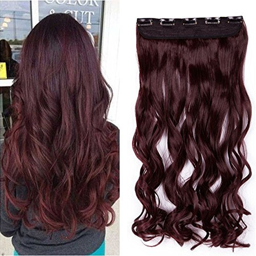 SEGO 43cm Haarteil Clip in Extensions 1 Tresse 5 Clips Haarverlängerung Human Hair wie Echthaar Gewellt Weinrot 17(43cm)-120g