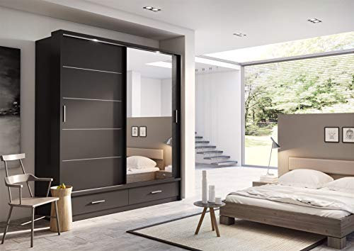 Schwebetürenschrank Kleiderschrank Schiebetürenschrank AR-05 ARTI Garderobenschrank mit Spiegel 2 Schubladen und Beleuchtung (Schwarz Matt)