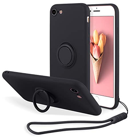 UEEBAI Case for iPhone 7/8/SE 2022 5G/SE 2020, Ultra Slim TPU Shockproof Liquid Silicone Case Ring Holder Kickstand Magnetic Car Mount Cover Wrist Strap for iPhone SE3/SE2 - Black