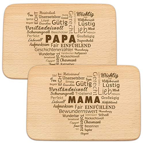 Spruchreif | 2er Set Frühstücksbrettchen mit Gravur Wortherz „Mama“ & „Papa“ | Geschenkidee für Eltern | Perfekt für Mama & Papa zu jedem Anlass