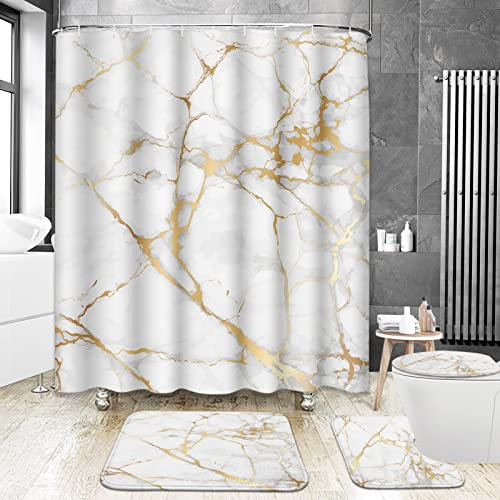 ArtSocket 4 Pcs Shower Curtain Set Marble Gold White Black Geometric Rose Stone Abstract Modern Vintage White Golden with Non-Slip Rugs Toilet Lid Cover and Bath Mat Bathroom Decor Set 72 x 72
