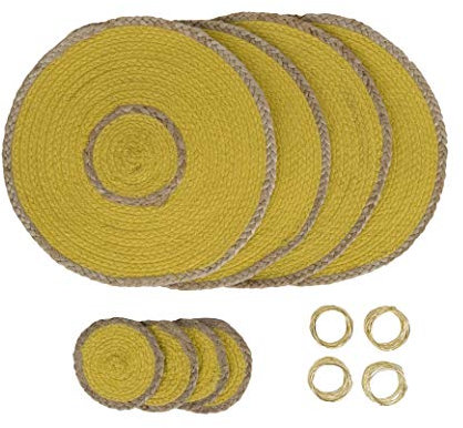 Penguin Home® Juego de 12 manteles Individuales de Yute, Posavasos y servilletas, Color Amarillo, manteles Individuales Redondos, Hechos a Mano por Expertos Artesanos Indios – Diámetro – 32 cm (13)