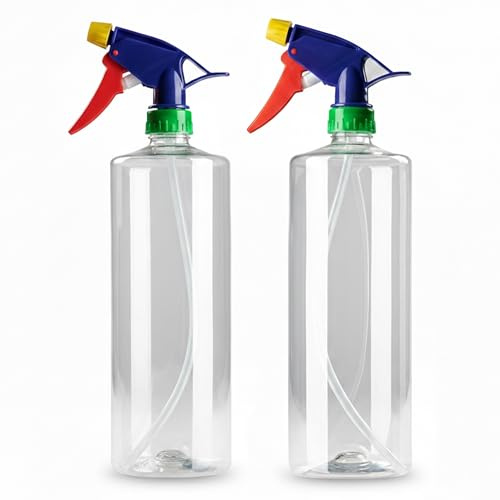 plastific Empty Spray Bottle For Cleaning and Gardening, Durable Trigger Sprayer, Refillable, Spray Upside Down, All Directions, Spray Plastic Bottle (Pack of 2-1L, Multi-Colour Trigger-Press)