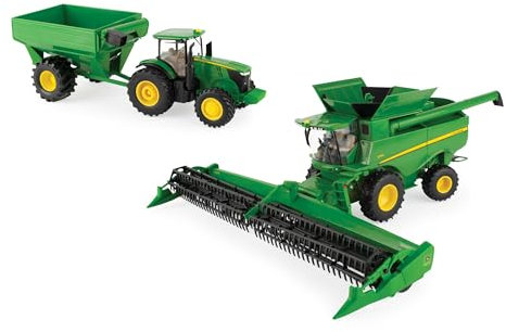 ERTL John Deere Kit de récolte agricole – Échelle 1:32 – Comprend un tracteur John Deere 7290R, une moissonneuse-batteuse S780 et un chariot à grains – Jouets de collection sous licence officielle