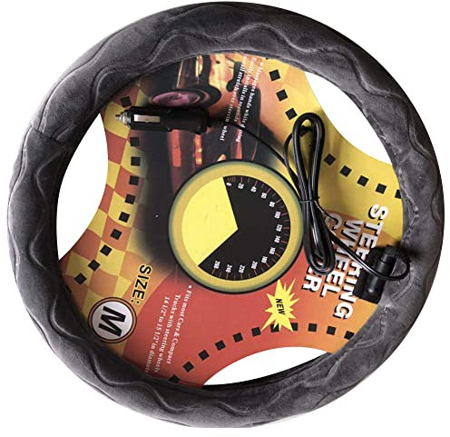 ihreesy 12V Beheizte Auto Lenkradhülle,Winter Wildleder Auto Lenkradabdeckung 37cm-38cm Komfortable Lenkradschoner Lenkradbezug Lenkradschutz mit Zigarettenanzünderbuchse,Schwarz