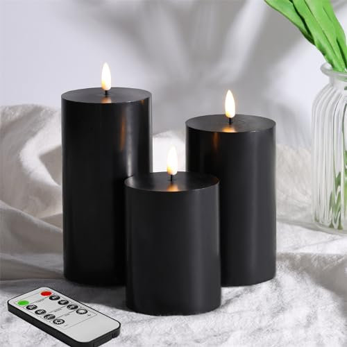 Eywamage Schwarz Flach Top Flammenlose Stumpenkerzen mit Fernbedienung, Batterie LED Halloween Wachs Kerzen 3 Stück