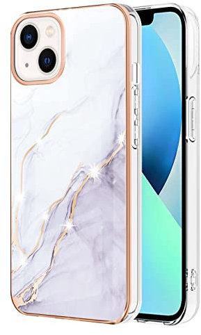 Knoowcase for iPhone 13 Case Marble Silicone Cover Shockproof Bumper Glitter Plated Gold Edges Protective Flexible TPU Rubber Skin Case for iPhone 13 Women,White