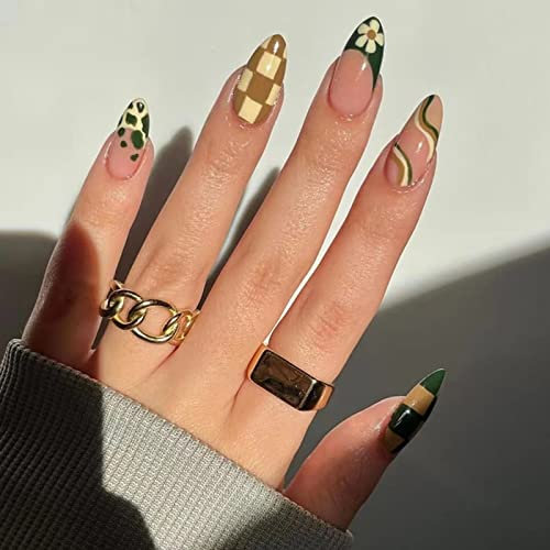 RUNRAYAY Dark Green Press on Nails, Oval Acrylic False Fingers Nail with Checkerboard & Swirl Design Fake Nails Set for Women Girls Daily Routine in 24Pcs