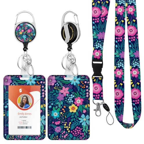 ID Badge Holder mit Lanyard, einziehbare ID Badge Card Holders Abnehmbare Hals Lanyard Strap mit Badge Reel und vertikale ID-Halter für Krankenschwester Studenten (Flower Beautiful)