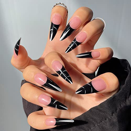 JUSTOTRY 24 Pcs Stiletto Fake Nails Long,Black French Press on Nails with Sliver Patterns, Beautiful Almond Stick on Nail for Women, Acrylic Extra Long False Nail for Nail Art