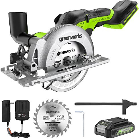 Greenworks Scie circulaire compacte 24 V sans balais de 11,4 cm (6 500 tr/min), batterie 2,0 Ah et chargeur compact inclus