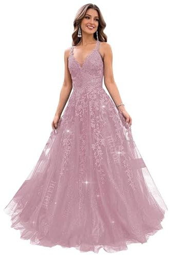 Robe de bal en tulle pailleté avec appliques en dentelle et col en V pour adolescentes, robes de soirée formelles scintillantes pour femme, Rose pâle., 54 plus