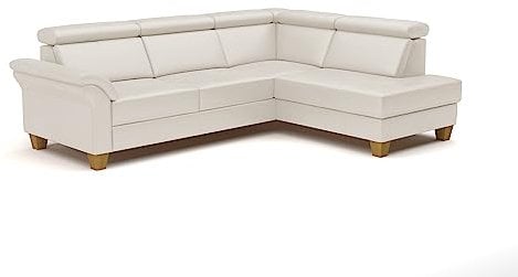 CAVADORE Leder-Schlafsofa Ammerland mit Ottomane / Landhaus-Sofa mit Federkern, Bett, Bettkasten + Kopfteilverstellung / 245 x 84 x 194 / Leder Weiß